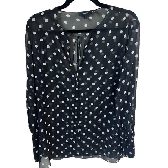 THEORY Petite Polka Dot Black & Cream Sheer Tie Blouse - Picture 10 of 11